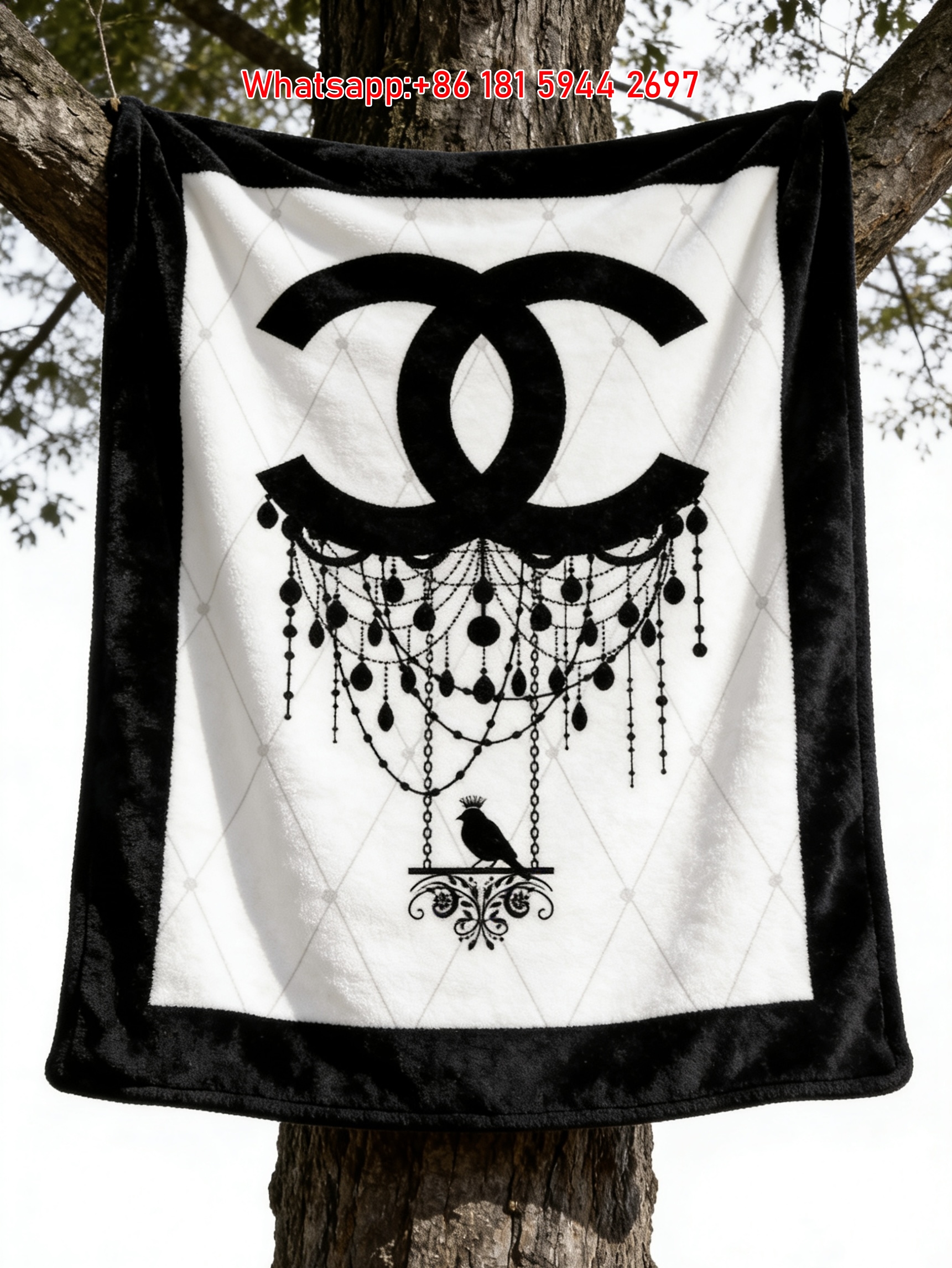 Chanel CC Logo Chandelier Bird Flannel Sofa Throw Blanket IMG_6701